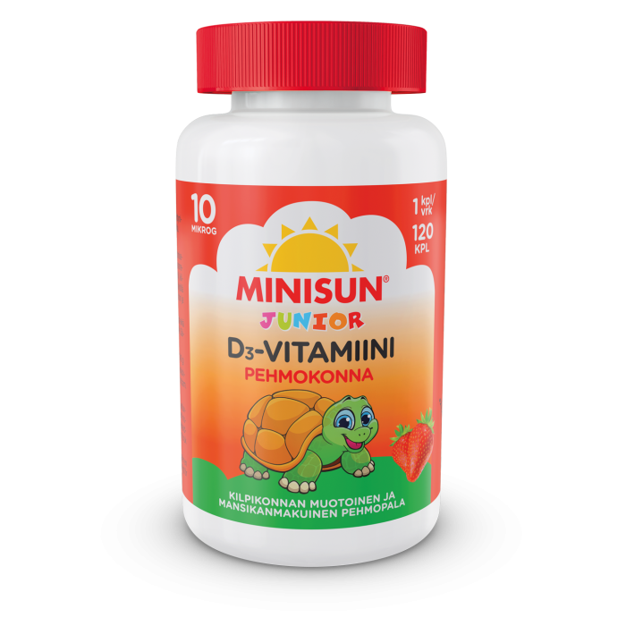 Minisun D-vitamiini Pehmokonna Mansikka 10 mikrog 120 purutabl kuva 3